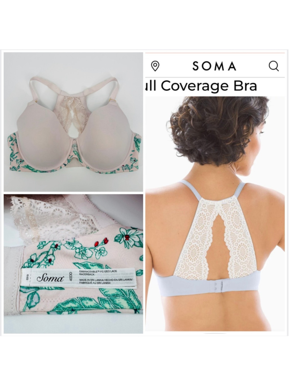 Soma Embraceable Racerback Bra 40DD Pink Green Floral Lace